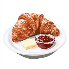 Poster - A plate featuring two croissants, a pat of butter, and a small bowl of jam.