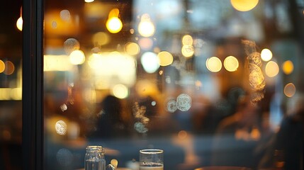 Blurred silhouettes in a cozy cafe behind glass, with warm glowing lights creating a dreamy bokeh effect. Glassware in foreground adds depth to the inviting scene.