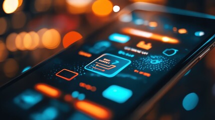 Futuristic Mobile Device Interface with Glowing Buttons and Lights