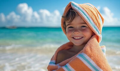 Happy child enjoying a beach vacation wrapped in a striped towel, Generative AI