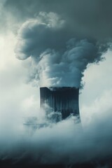 Canvas Print - A plume of smoke rises from a cooling tower, often found on power plants or industrial sites