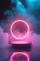 Wall Mural - A pink neon circle surrounded by fog, perfect for use as a background or to add some futuristic touch to your design