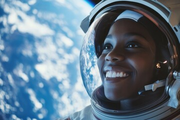Wall Mural - astronaut standing in front of the earth with a smile, wearing a space suit