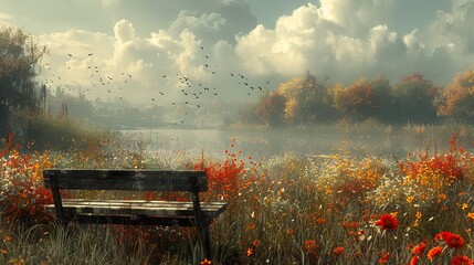 Wall Mural - Tranquil Lake with Bench and Flowers in Autumn