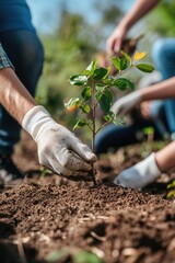 Canvas Print - A group of people working together to plant a tree in the soil, symbolizing teamwork and growth