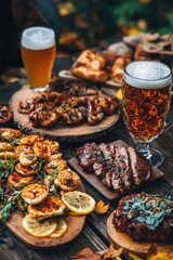 Canvas Print - A wooden table set with plates of food and a glass of beer, perfect for a casual dining or social gathering