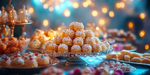 Eid Celebration Delicacies, close-up of ornate sweets on a vibrant festive table, joyful atmosphere in the background, rich cultural significance