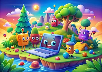 Colorful Cartoon Illustration of Software Development with Coding Elements and Fun Characters Design