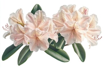 Wall Mural - Three pink flowers with green leaves on a white background