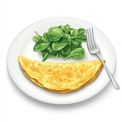 Wall Mural - A plate featuring a golden omelette and fresh spinach leaves, served with a fork.