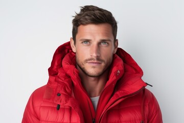 Canvas Print - Portrait of a glad man in his 20s donning a durable down jacket over white background