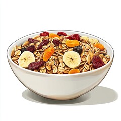 Wall Mural - A bowl of oatmeal topped with banana slices, dried fruits, and nuts, representing a healthy meal.