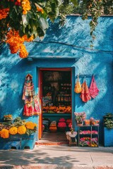 Poster - A colorful building exterior with vibrant flowers arranged outside, perfect for decorating and illustration purposes