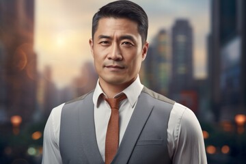 Sticker - Portrait of a tender asian man in his 40s dressed in a polished vest in front of vibrant city skyline