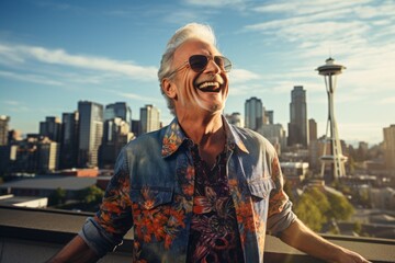 Sticker - Portrait of a joyful man in his 60s sporting a versatile denim shirt isolated on vibrant city skyline