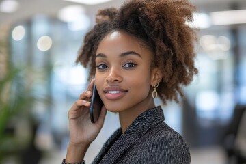 Female business professional taking a phone call in an office, Generative AI