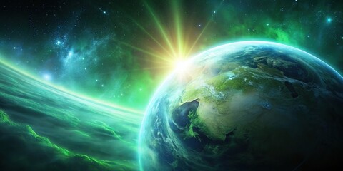 Wall Mural - earth in space with glowing green aura and swirling mist around it wide-angle