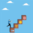© Master Art - Businessman individual climbing vertical ladder with different career milestones marked on each rung