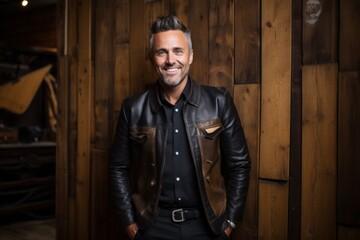 Wall Mural - Portrait of a joyful man in his 40s sporting a stylish leather blazer while standing against rustic wooden wall