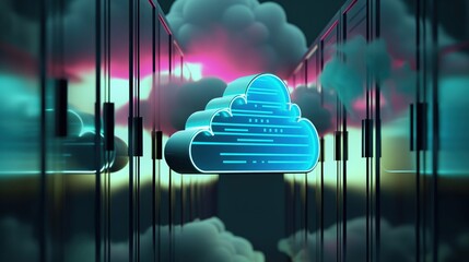 Futuristic cityscape with digital illustration style. Black, white lines create buildings of varying heights, designs. Blue neon cloud in center, purple, pink gradient sky with scattered clouds.