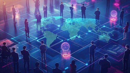 illustration of global business network with interconnected nodes, representing data exchange, custo