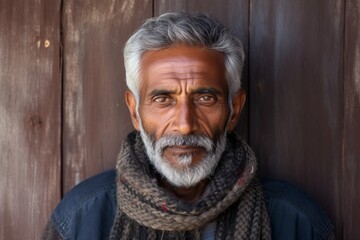 Canvas Print - Portrait of a tender indian man in his 80s showing off a thermal merino wool top while standing against rustic wooden wall