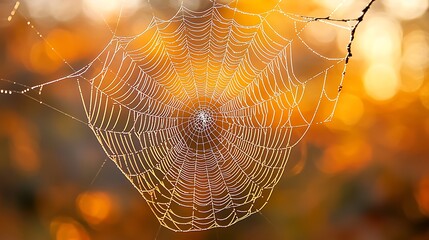 A dew-covered spider web glistens against a warm autumn background, delicate and intricate.