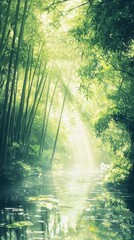 Poster - A bamboo forest by the stream, sunlight shining through leaves and mist onto water surface, light green color tone, ethereal illustration style, natural scenery, dreamy atmosphere, high definition pho