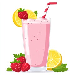 Sticker - A refreshing strawberry lemonade smoothie in a tall glass with a straw, surrounded by strawberries.