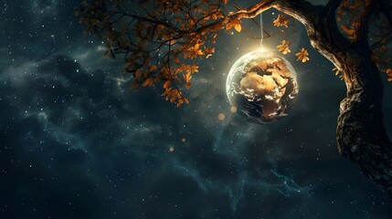 Wall Mural - Glowing Planet Earth Hanging from Cosmic Tree Branch Illuminating Starry Night Space