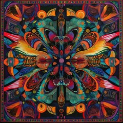 Wall Mural - A vibrant, intricate symmetrical design showcasing various colorful patterns and forms, evoking a sense of harmony and creativity.