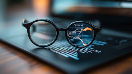 image features pair of glasses resting on laptop, with code reflected in lenses, symbolizing technol