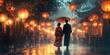 © paisorn - Couple in traditional attire strolling under a lantern canopy, enchanting ambiance, love and culture intertwined, evening magic
