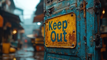 A weathered Keep Out sign on an old, blue metal gate in a narrow, bustling urban market street, providing a stark contrast to the lively atmosphere