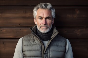 Wall Mural - Portrait of a content man in his 60s dressed in a thermal insulation vest in rustic wooden wall