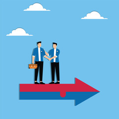 Two businessmen shaking hands on connected growth arrow puzzle pieces, illustrating joint venture or business partnership. Concept of share resources and work together to common goal through mergers