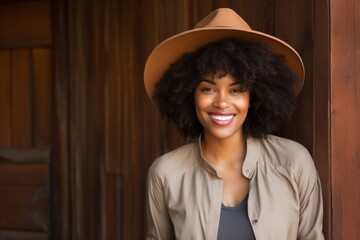 Poster - Portrait of a glad afro-american woman in her 20s donning a classic fedora while standing against rustic wooden wall