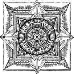 Wall Mural - Intricate black and white mandala design featuring geometric patterns and a central compass motif.