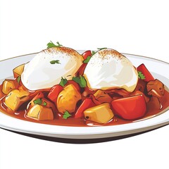 Sticker - A plate of vibrant poached eggs atop a flavorful vegetable stew.