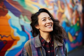 Canvas Print - Portrait of a glad asian woman in her 40s wearing a comfy flannel shirt over colorful graffiti wall