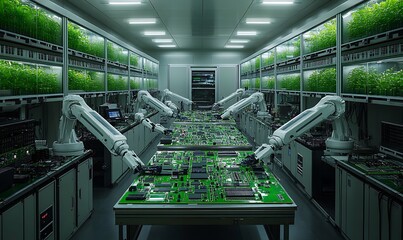 Fototapete - High-Tech Circuit Board Assembly Line with Robotic Arms Placing Components