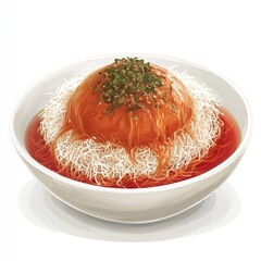 Sticker - A bowl of noodles topped with a round sauce-covered element and garnished with herbs.