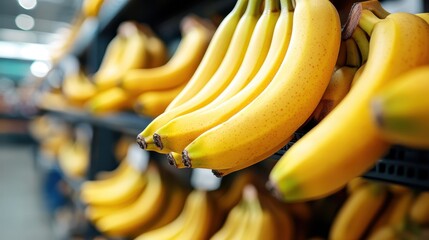 An image showcasing ripe bananas with natural speckles displayed on supermarket shelves, representing a staple of healthy eating and natural, radiant appeal.