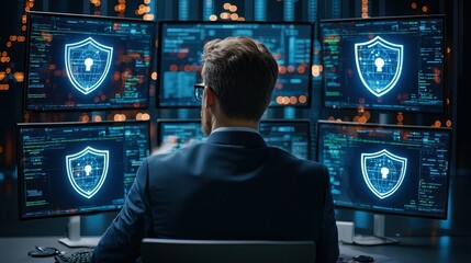A man in a suit sits in front of multiple computer screens with security shields on them.