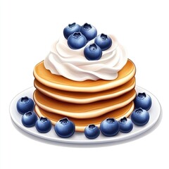 Wall Mural - A stack of pancakes topped with whipped cream and blueberries on a plate.