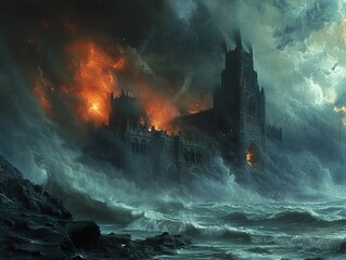 Sticker - Gothic Cathedral engulfed in Flames and Storm