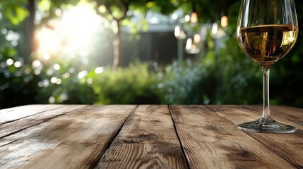 A rustic wooden table set outdoors displays a sparkling wine glass under soft evening light, surrounded by a lush green garden, offering a relaxing ambiance for dining.