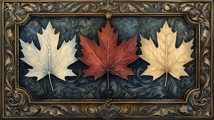 An ornate frame showcases three autumn-colored maple leaves, highlighting the season's natural beauty.