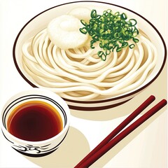 Sticker - A bowl of noodles with green onions and a dipping sauce, served with chopsticks.