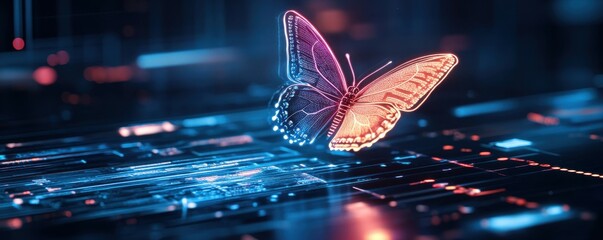 A glowing digital butterfly hovers above a circuit board.
